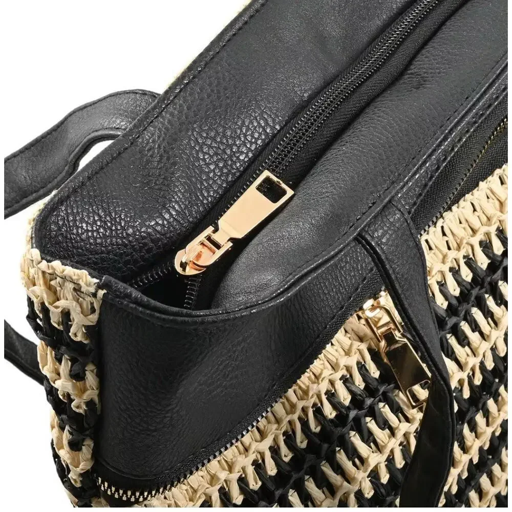 Beverly‎ Hills Polo Club Women Black Straw Stripe Tote Bag Gold Logo NWT